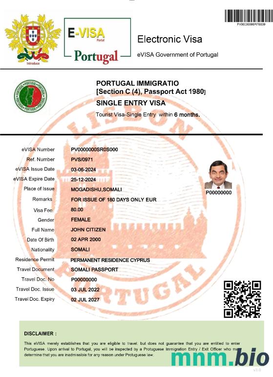 Portugalia elektroniczna Wiza przykład w PSD